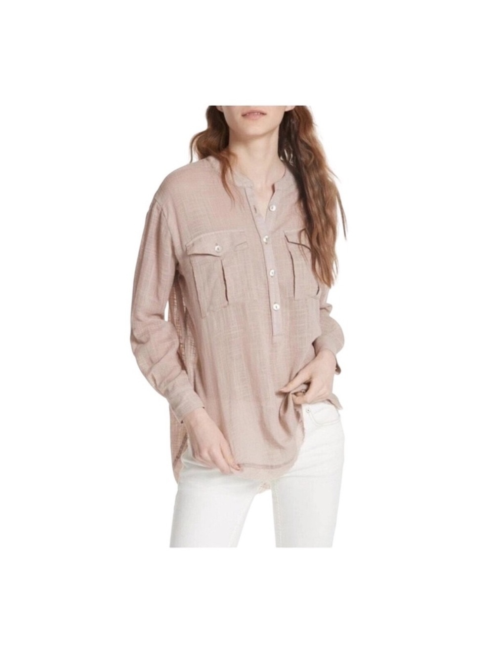 Free People Large Talk To Me Long Sleeve top natural tan pullover Henley